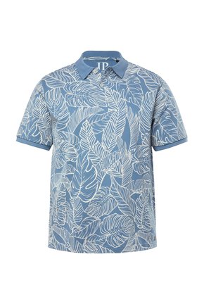 Kurzarm-Poloshirt in Blau mit einem weißen tropischen Blattmuster, ausgestattet mit einem einfarbigen Kragen und einer Knopfleiste mit drei Knöpfen. Weicher Baumwollmischstoff.