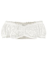 Weißes Spitzen-Crop-Top mit Off-Shoulder-Design, ausgestattet mit elastischen Rüschen und floralen Mustern überall. Weiches, strukturiertes Spitzenmaterial.