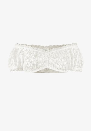 White lace crop top with off-shoulder design, featuring elasticized frills and floral patterns throughout. Soft, textured lace material.