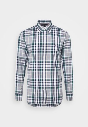 Overhemd met lange mouwen en knopen, met een ruitpatroon in groen, wit, marineblauw en grijs en een button-down kraag.