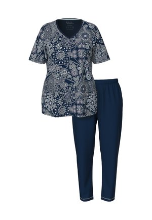 Navy loungewear sæt bestående af en mønstret kortærmet top med paisley-designs og matchende ensfarvede navy bukser med en dekorativ talje.