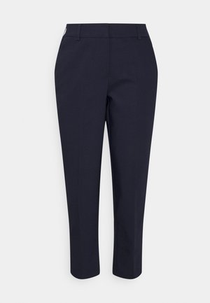 Pantalons droits bleu marine avec une texture lisse, passants de ceinture et sans motifs visibles. Présente une taille classique et des chevilles effilées.