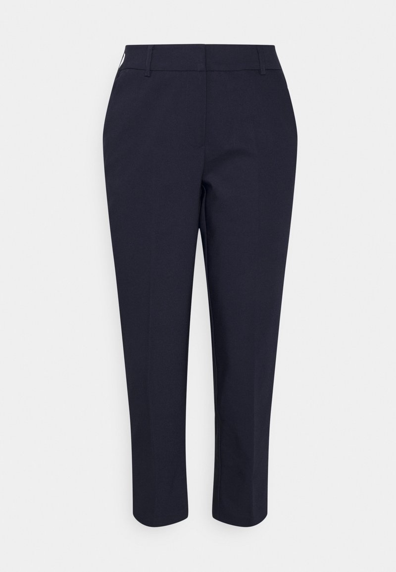 Navy straight-leg trousers with a smooth texture, belt loops, and no visible patterns. Features a classic waistband and tapered ankles.