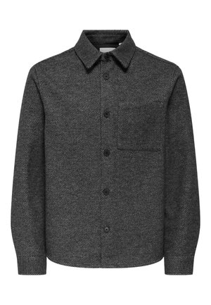 Chemise-jas de laine gris foncé avec un tissage en diagonale, col pointu, poche poitrine et manches longues.