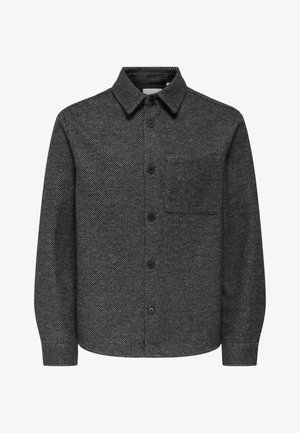Dunkelgraue, button-up Wolljacke mit diagonaler Webmusterung, spitzem Kragen, Brusttasche und langen Ärmeln.