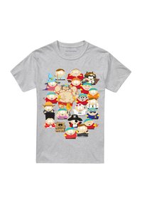 Gray cotton t-shirt featuring colorful cartoon characters from "South Park," arranged in a grid pattern with varying expressions and outfits.