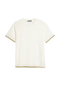 Hvid t-shirt med korte ærmer, rund halsudsk�æring og beige detaljer på ærmekanterne og kanten. Lavet af bomuldsmateriale.
