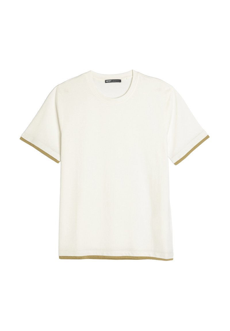 Hvid t-shirt med korte ærmer, rund halsudskæring og beige detaljer på ærmekanterne og kanten. Lavet af bomuldsmateriale.