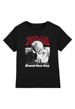Black t-shirt with a large Spider-Man face graphic, red "SPIDER-MAN" text above, and white "Brand New Day" text above a city skyline.