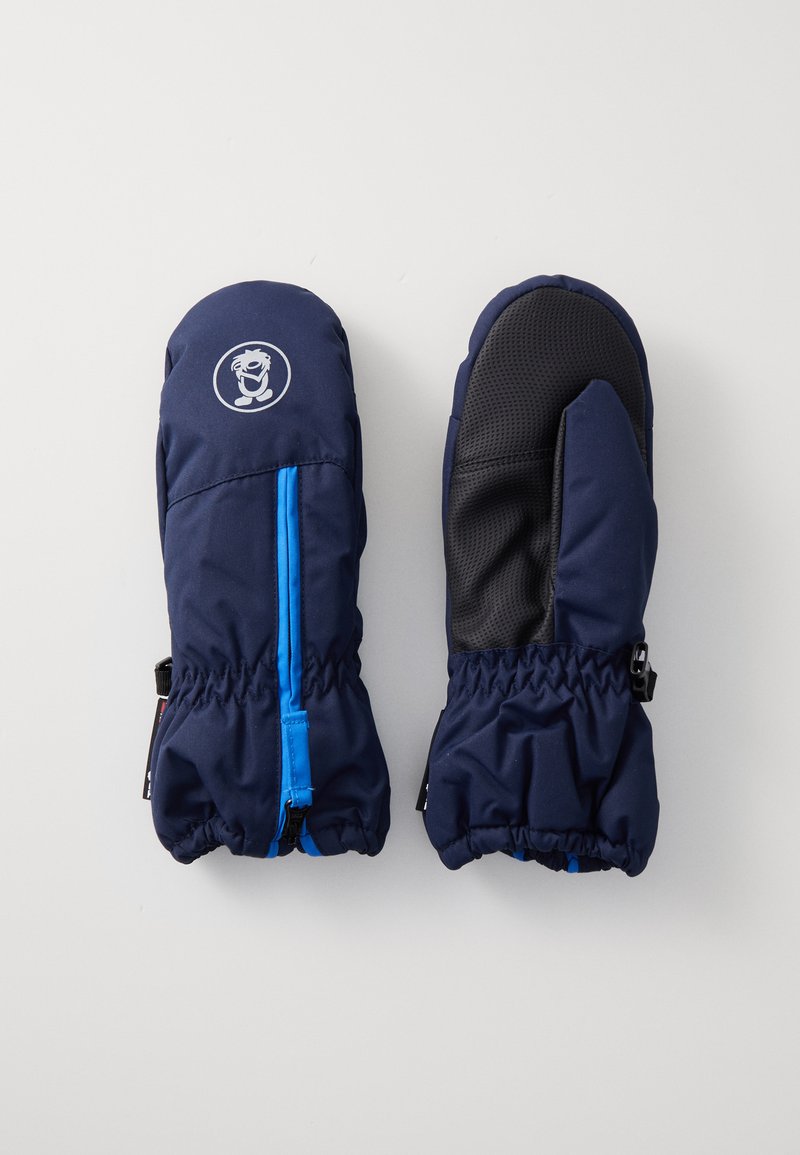 Moufles bleu marine avec un extérieur lisse, des poignets élastiques et une fermeture éclair bleue. Paume noire texturée pour une meilleure prise. Logo imprimé sur le dessus.