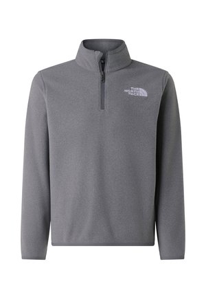 Sudadera gris de forro polar con cierre de media cremallera, mangas largas y un pequeño logo blanco en el pecho izquierdo. Textura suave, diseño casual.