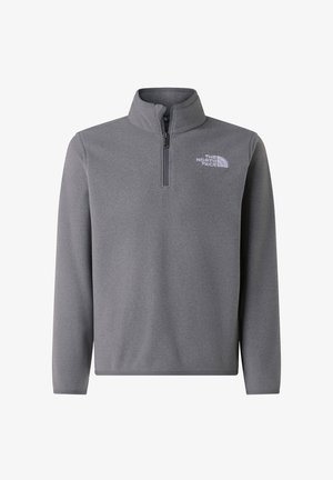 Pilkas fliso džemperis su pusiau užtrauktuku, ilgomis rankovėmis ir mažu baltu logotipu kairėje krūtinės pusėje. Minkšta tekstūra, kasdienis dizainas.