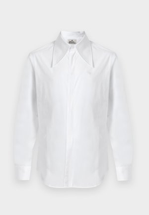 Camisa blanca de botones confeccionada con una tela suave. Presenta un gran cuello, mangas largas y un sutil bordado del logo en el pecho.