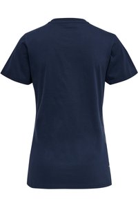 Marineblauwe katoenen t-shirt met korte mouwen, ronde halslijn en een effen achterkant. Geen zichtbare logo's of patronen op de achterkant.