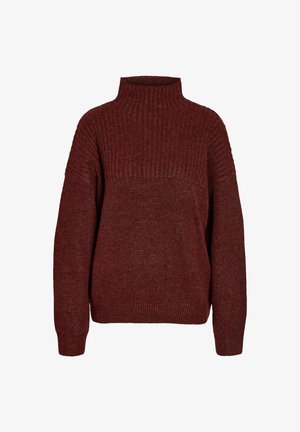 Strukturierter weinroter Rollkragenpullover mit gerippten Details an den Schultern und Bündchen, der einen lässigen Schnitt und weichen Strickstoff aufweist.