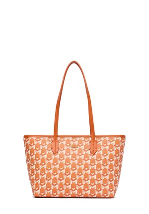 Torba typu tote w pomarańczowy i beżowy wzór, z dwoma długimi uchwytami i małym złotym logo marki na przednim środku.