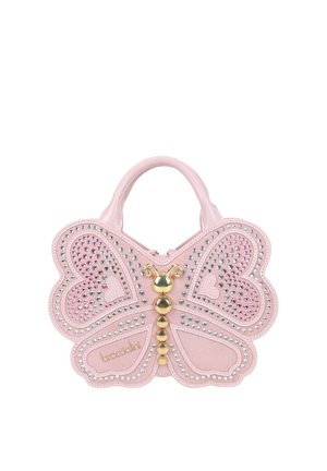 Borsa rosa a forma di farfalla con decorazioni borchiate in argento e oro e un manico corto.