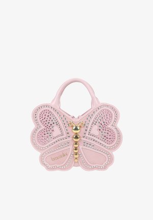 Borsa rosa a forma di farfalla con decorazioni borchiate in argento e oro e un manico corto.