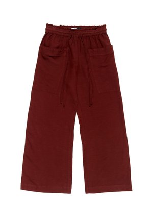 Bordeaux wijde broek met een elastische tailleband, trekkoord en twee voorzakken. Gemaakt van zachte, gestructureerde stof.