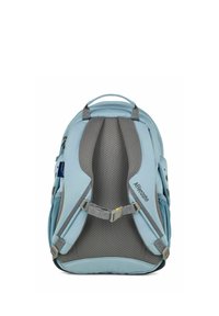 Helles blaues Rucksack mit grauer Meshpolsterung, verstellbaren Trägern und mehreren Reißverschlusstaschen. Verfügt über einen oberen Griff und ein langlebiges Stoffdesign.