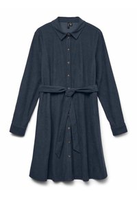 Abito camicia blu navy scuro realizzato in morbido tessuto, con colletto, maniche lunghe, chiusura a bottoni frontale e cintura da annodare in vita.
