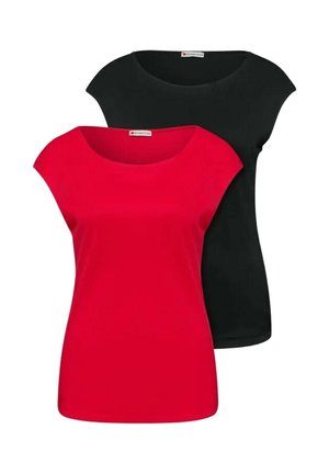 Dos tops de manga corta para mujer de un solo color, uno rojo al frente y otro negro detrás, ambos con escotes redondeados.