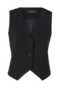 Zwarte mouwloze vest met een v-halsontwerp, drie knopen aan de voorkant en een gladde textuur. Tailored fit met een licht gebogen zoom.