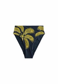 Jūras spēku bikini apakšdaļa ar dzelteniem palmu lapu rakstiem, izgatavota no gludas, elastīgas auduma; vidēja augstuma dizains ar savilkta sānu detaļām.