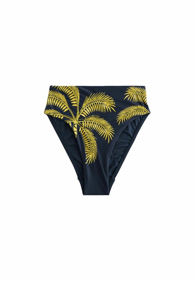 Jūras spēku bikini apakšdaļa ar dzelteniem palmu lapu rakstiem, izgatavota no gludas, elastīgas auduma; vidēja augstuma dizains ar savilkta sānu detaļām.