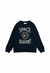 Navy spalvos sportinis megztinis su baltu užrašu "SPACE ACADEMY" ir apvaliu piešiniu, kuriame pavaizduotas astronautas ir žvaigždės. Papuoštas elastinga apykakle ir rankogaliais.