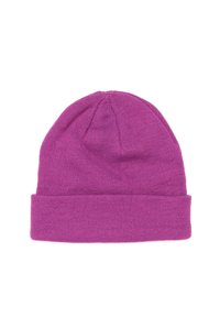 Beanie viola lavorato a maglia con orlo piegato, realizzato in materiale morbido, caratterizzato da una consistenza liscia e una parte superiore arrotondata, adatto per un abbigliamento casual.