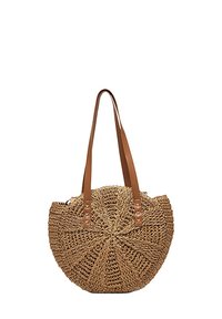 Borsa in paglia intrecciata di forma circolare, con manici in pelle color cuoio e dettagli a bottone, caratterizzata da un motivo testurizzato a raggi solari sulla superficie.