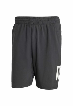 Herren-Sportshorts aus dunkelgrauem Stoff. Ausgestattet mit einem elastischen Bund, Seitentaschen und drei vertikalen weißen Streifen auf der unteren linken Seite.