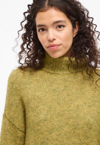 Camisola de malha verde com gola alta, apresentando um acabamento macio e texturizado e um ajuste descontraído, destacando uma mistura de tons de oliva e amarelo.