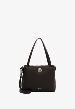 Borsa a mano in pelle nera con finitura testurizzata, chiusura con zip, manici doppi e tracolla regolabile. Presenta un logo metallico decorativo.