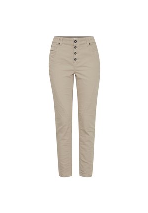 Beige schmal geschnittene Hose aus Baumwollmischung, mit hohem Bund, fünf Knopfverschluss und dekorativen Nähten an den Seiten.