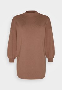 Brauner Strickpullover mit hohem Kragen, überschnittenen Schultern und Ballonärmeln. Glatte Textur mit lockerer Passform und abgerundetem Saum.