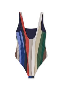 Eén stuk badpak met een veelkleurig gestreept ontwerp in blauw, rood, groen en beige. Het heeft een lage rug en brede schouderbanden.