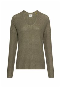 Olivengr�øn strikket sweater med V-hals, lange ærmer og ribbet tekstur. Har et lille gult mærke ved halsudskæringen.
