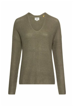 Olivengrøn strikket sweater med V-hals, lange ærmer og ribbet tekstur. Har et lille gult mærke ved halsudskæringen.
