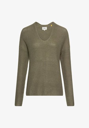 Khaki groene gebreide trui met een V-hals, lange mouwen en ribbelstructuur. Bevat een klein geel label op de halslijn.