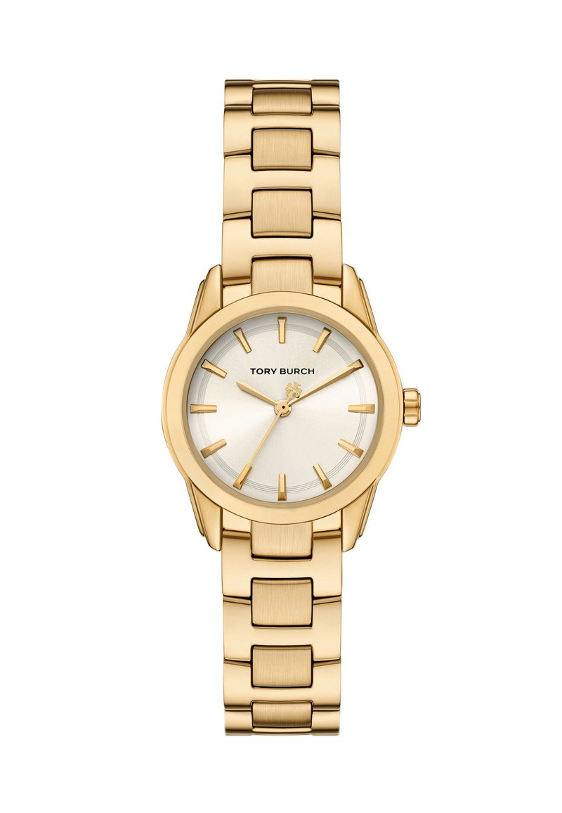 Reloj de pulsera en metal dorado con una esfera plateada lisa, caja redonda y marcadores de hora lineales. Cuenta con una pulsera de eslabones y una corona en el lateral.