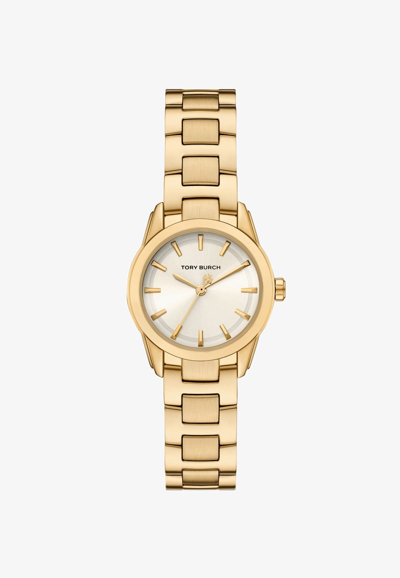 Złocony zegarek na metalowej bransolecie z gładką srebrną tarczą, okrągłą kopertą i liniowymi znacznikami godzin. Posiada bransoletę ogniwową oraz koronkę po boku.