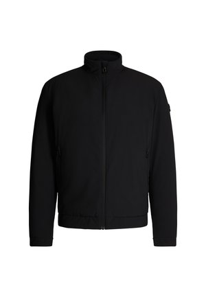 Schwarze Bomberjacke mit hohem Kragen, ausgestattet mit zwei seitlichen Reißverschlusstaschen, einer glatten Textur sowie elastischen Bündchen und Saum.
