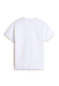 Witte katoenen t-shirt, korte mouwen, ronde hals, gladde textuur, rechte zoom, zonder patronen of graphics, gezien vanuit de achterkant.