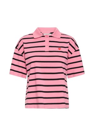 Pink polo shirt with black horizontal stripes, short sleeves, and a collar. Features a small red heart emblem on the left chest.