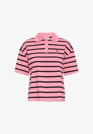 Pink polo shirt with black horizontal stripes, short sleeves, and a collar. Features a small red heart emblem on the left chest.