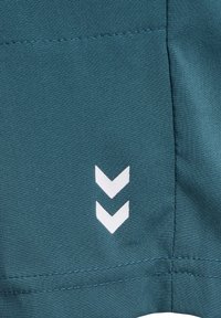 Tealfärgad tyg med en slät textur har en detaljerad vit chevron-logotyp. Sömmarna längs kanten är synliga, vilket förstärker den rena designen.