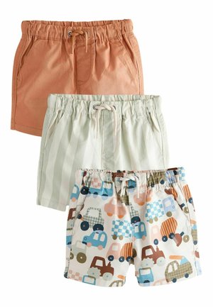 Drei Kinder-Shorts: einfarbig pfirsichfarben, hellgrün gestreift und cremefarben mit bunten Fahrzeugmustern. Alle haben einen elastischen Bund.