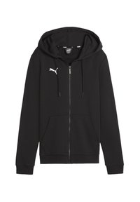 Hoodie zippé noir en tissu doux, doté d'une poche kangourou, de cordons de serrage et d'un logo Puma blanc sur la poitrine gauche.